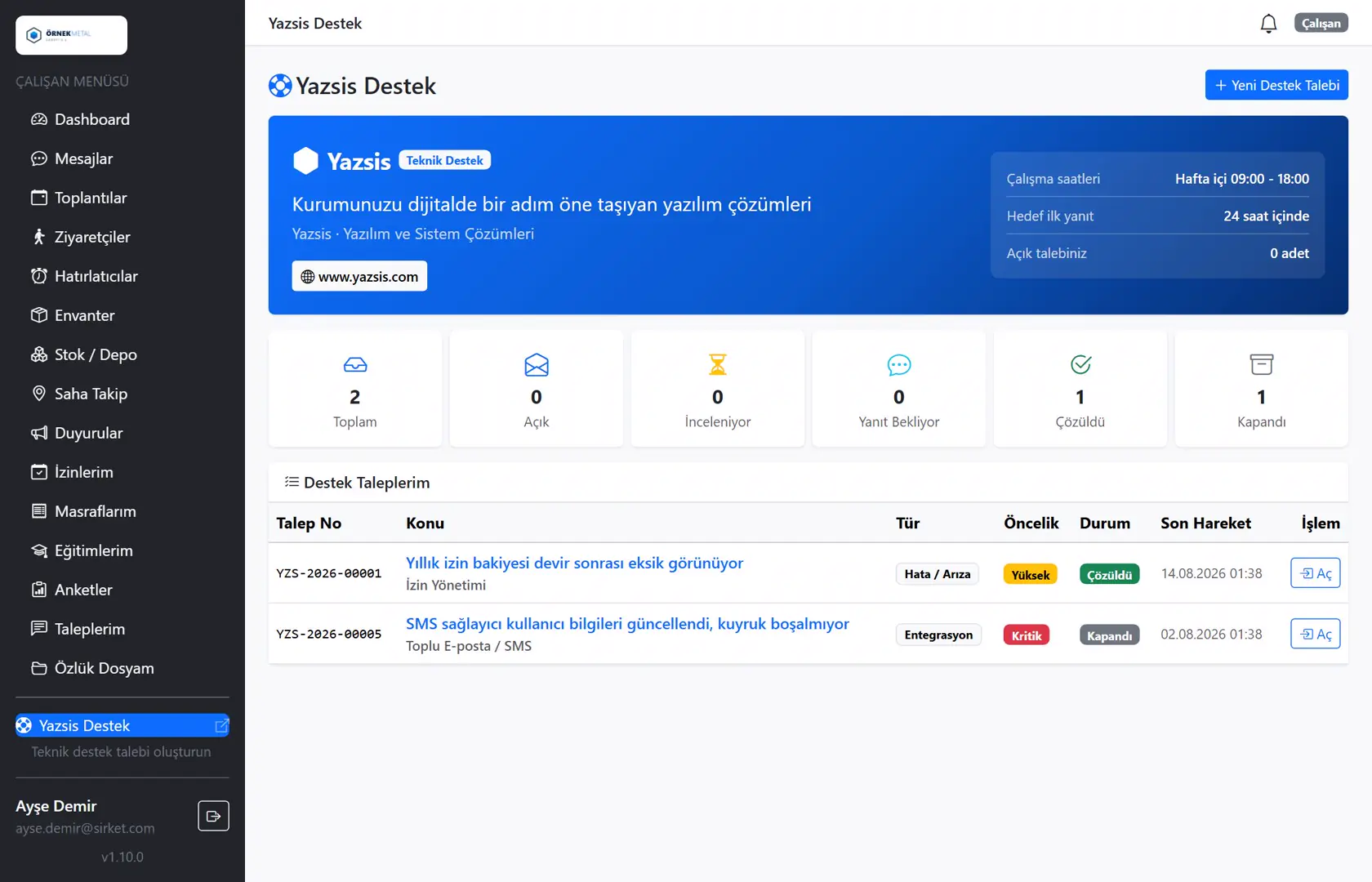 KurumsalPortal — YazSis Support